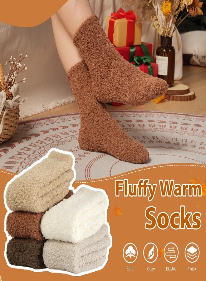 floconssy Fuzzy Socks for Women, Fluffy Cozy Plush Soft Slipper Socks for Fall Winter Warm Sleeping Home 5 Pairs Tan Brown White - Image 2